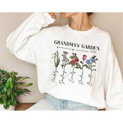 custom grandma's garden growing since 2023 sweatshirt, personalized birth flower with kid's name, gift for grandma, happ