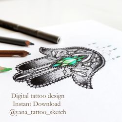 Hamsa Tattoo Design Ornamental Hamsa Tattoo Sketch Idea, Instant download JPG , PNG