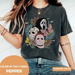 vintage floral horror movie characters comfort colors tee, halloween party shirt women, scary movies, halloween movies,