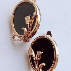 Rare 14K Earrings onyx Stone 585 Rose Gold  Retro Russian Women's jewelry Vintage gift