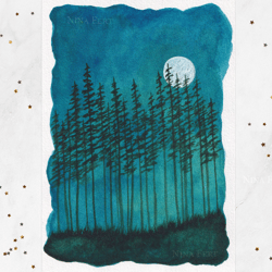 Night forest painting Original watercolor painting Dark forest painting Full moon painting Night sky 5x7"