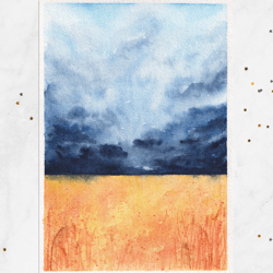 Wheat field painting Landscape painting postcard Original watercolor painting 5x7"