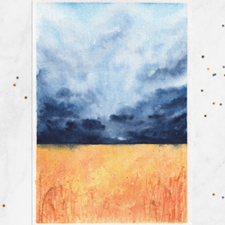 wheat field painting landscape painting postcard original watercolor painting 5x7"