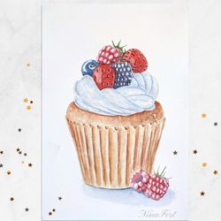 Art food Cake painting dessert Kitchen art Berries Whipped cream Original watercolor painting postcard 5x7"