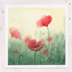 Poppy field painting Summer sunset painting Original watercolor painting Tiny painting Mini painting 3x3