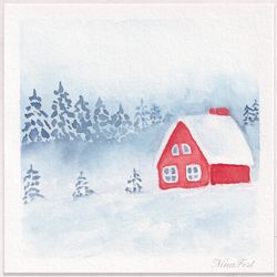 mini painting 3x3 red house painting winter painting postcard original watercolor painting tiny painting