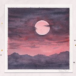 Full moon painting Night sky painting Mountains painting Original watercolor painting Tiny painting Mini painting 3x3