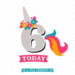 6th birthday svg, unicorn birthday dxf, six years old cut file, unicorn party svg, sixth birthday iron on file, 6th birt