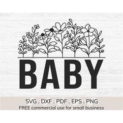 Baby with flowers svg, Baby sublimation png, Baby onesie svg, Wildflower svg, Botanical line art, Baby floral design svg