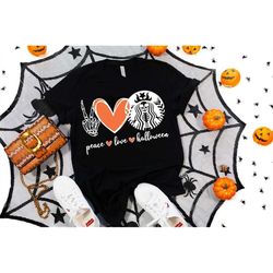 peace love halloween shirt, cute halloween shirt, fall t shirt, fall gift, pumpkin shirt, skeleton shirt, spooky season