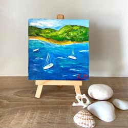 Seascape painting Original oil painting Miniature painting Boats painting Small art Wall decor Art gift ideas Easel art