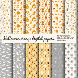 Halloween digital paper bundle, 15 orange and grey seamless patterns in EPS and JPG formats, 300 dpi