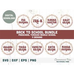 bundle back to school svg cut files - hello kindergarten, hello first grade png bundle, retro back to school - commercia
