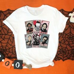 vintage horror characters tarot card shirt, halloween tarot card horror friends shirt, halloween killers shirt
