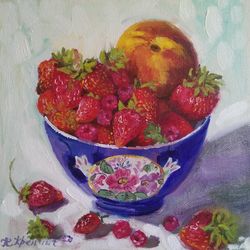 strawberry painting, berries still life original oil painting, fine art