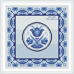 Cross stitch pattern Panel sampler floral ornament Gzhel style monochrome pillow napkin counted crossstitch patterns PDF