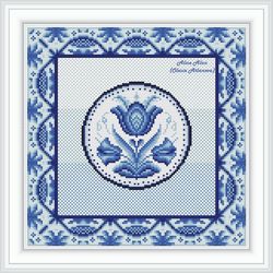 cross stitch pattern panel sampler floral ornament gzhel style monochrome pillow napkin counted crossstitch patterns pdf