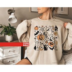 vintage halloween sweatshirt, ghost cat halloween sweater, retro halloween shirts for women, halloween crewneck