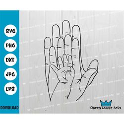 family hands heart design svg, mom dad baby holding hands svg, mother father child hand line art svg, family hands digit