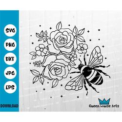 Bee With Flowers Svg, Bee Svg, Bee Flower Svg, Bee Hive Svg, Bee Clipart, Bee Cricut, Bee Cut file, Bee Shirt, Queen Bee
