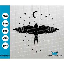 flying swallow svg,magic swallow stars moon svg png dxf silhouette svg,flying swallow design svg shirt clipart cut silho