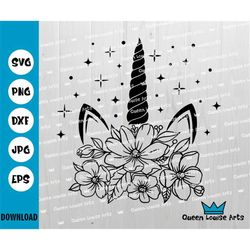 unicorn face svg unicorn horn ears cut file floral unicorn head birthday party girl magical unicorn cute flower wreath s
