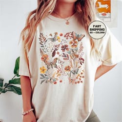 boho wildflowers comfort colors shirt, retro butterflies shirt, botanical shirt, garden lover shirt, moth butterfly t sh