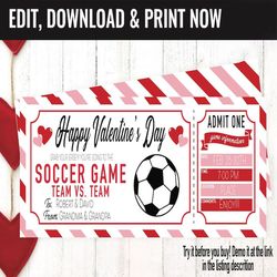 Valentine's Surprise Soccer Game Ticket Gift Voucher, Soccer Game Printable Template Gift Card, Editable Instant
