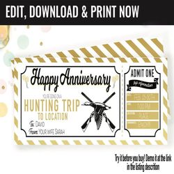 Anniversary Hunting Trip Ticket Surprise Gift Voucher, Surprise Hunting Trip Printable Template, Editable Instant
