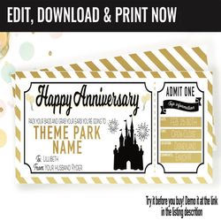 Anniversary Surprise Theme Park Ticket Gift Voucher, Amusement Park Printable Template Gift Card, Editable Instant