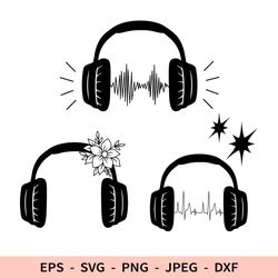 Headphones Svg for Cricut Music dxf Floral Headphones File for laser Heartbeat DJ Svg Headphones Stars PNG