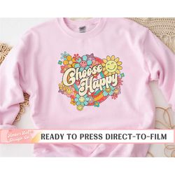 smiley face dtf transfers, ready to press, t-shirt transfers, heat transfer, direct to film, choose happy, screen print