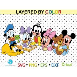 baby mickey and friends svg, baby minnie clipart png, baby daisy svg for cricut, layered by color, dxf cut file, instant