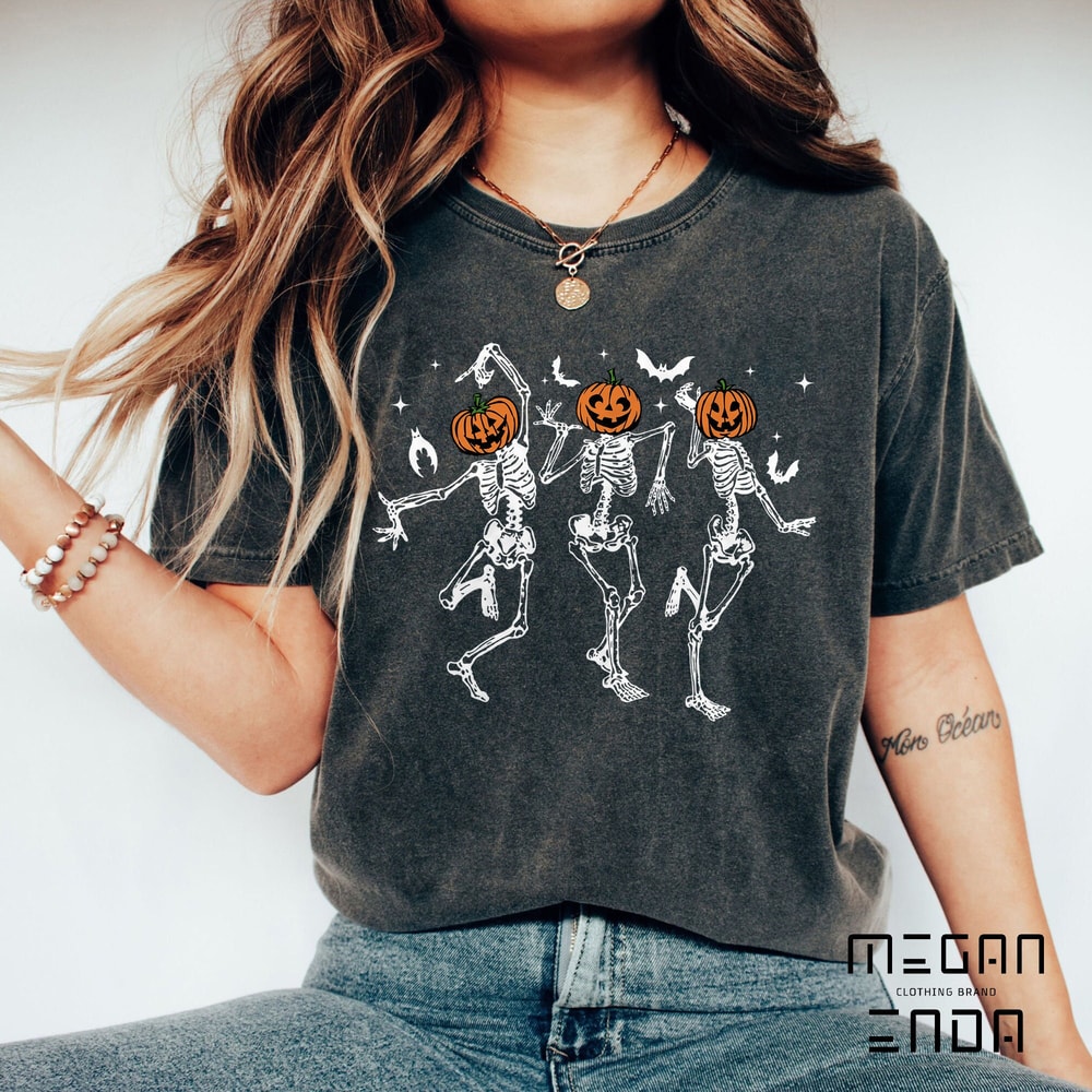 Dancing Skeleton Halloween Comfort Colors Shirt, Skeleton Halloween Shirt, Pumpkin Halloween Shirt, Pumpkin Shirt, Fall Shirt, Spooky Season - 1.jpg