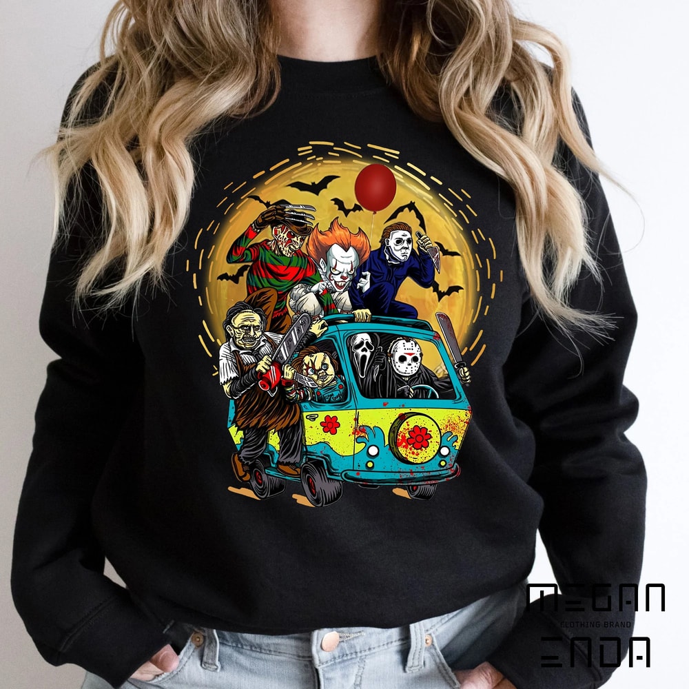 Halloween Sweatshirt, Spooky Halloween Bus Shirt, Spooky Season Shirt, Horror Movie Characters Shirt, Halloween Shirt, Halloween Vibes Shirt - 1.jpg