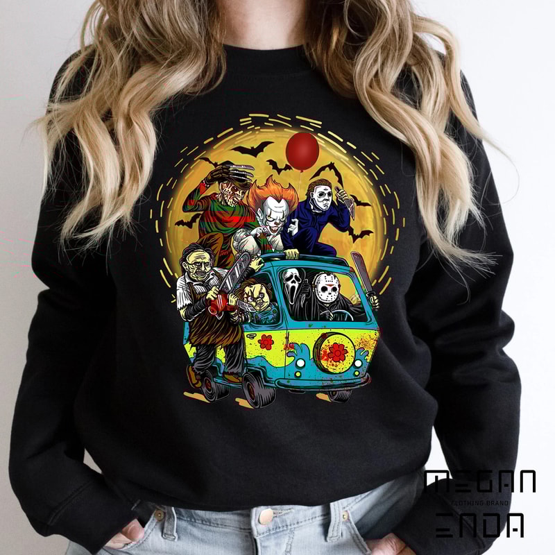 Halloween Sweatshirt, Spooky Halloween Bus Shirt, Spooky Season Shirt, Horror Movie Characters Shirt, Halloween Shirt, Halloween Vibes Shirt - 1.jpg