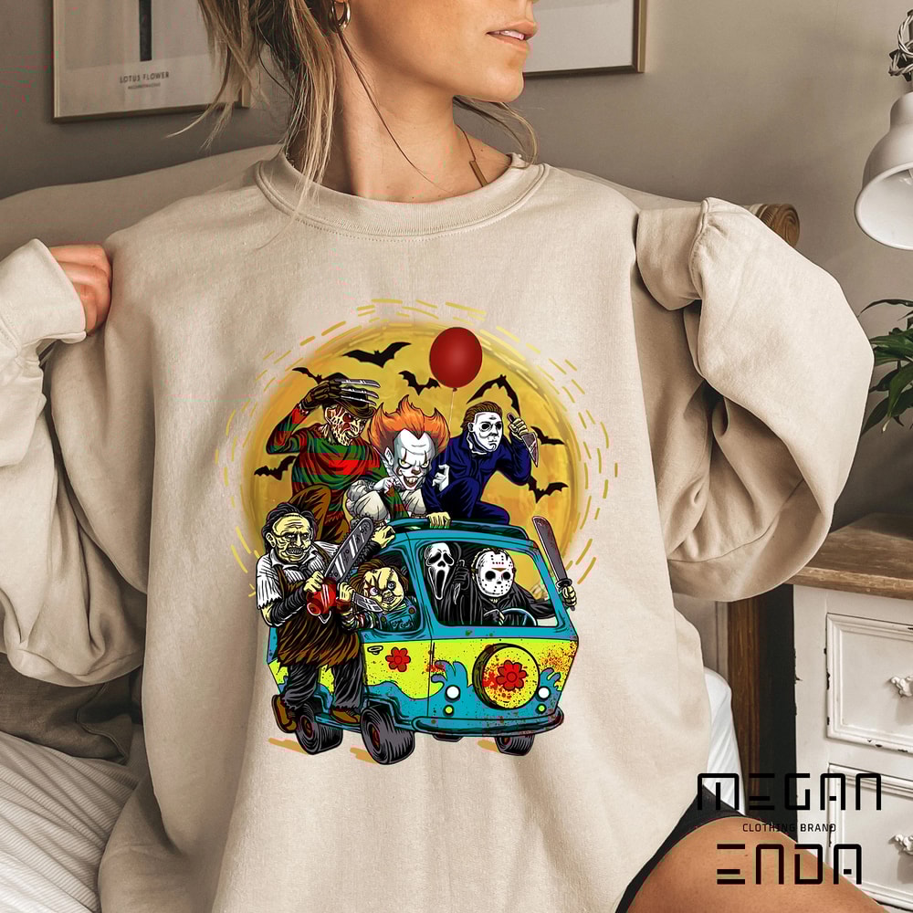 Halloween Sweatshirt, Spooky Halloween Bus Shirt, Spooky Season Shirt, Horror Movie Characters Shirt, Halloween Shirt, Halloween Vibes Shirt - 4.jpg