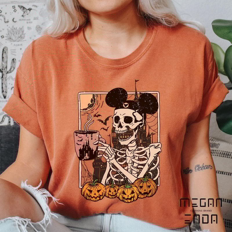 Mickey Skeleton Coffee Comfort Colors Shirt, Vintage Disney Skeleton Shirt, Disney Spooky Shirt, Pumpkin Halloween Shirt, Stay Spooky Shirt - 4.jpg