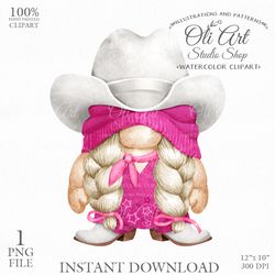 Cowboy Gnome in Pink, Cowboy Hat, Gnome Images. Gnomes Graphics. Cute Gnome PNG. Gnome Digital Download, OliArtStudio