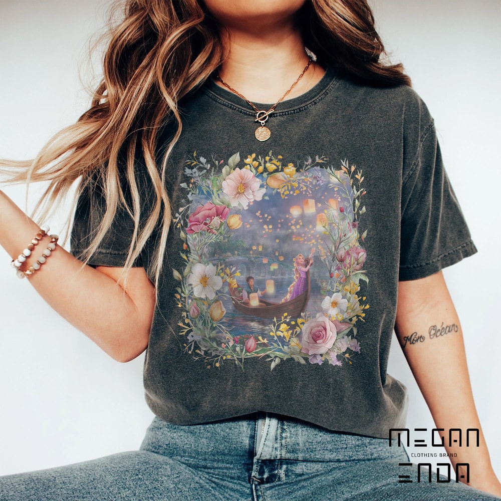 Retro Vintage Disney Tangled Rapunzel Floral Comfort Colors Shirt, Disney Princess Shirt, Princess Rapunzel Flynn Rider, Lost Princess Shirt - 3.jpg