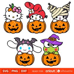 Pumpkin Sanrio Characters Bundle Svg, Halloween Svg, Hello Kitty Svg, Kawaii Svg, Cricut, Silhouette Vector Cut File