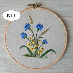 Hand embroidery kit Cornflowers, craft kit for Beginners and Beyond, easy embroidery Cornflowers