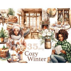 Cozy Winter Clipart | Reading Black Girl Clipart