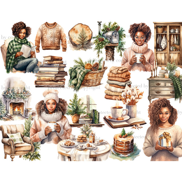 Cozy Winter Black Clipart. Black girls in cozy winter clothes with a book, a cup of coffee, a Christmas present in their hands. A stack of books, a cozy Christm