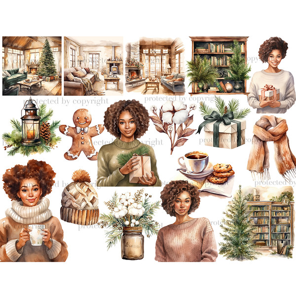 Cozy Winter Black Clipart. Black girls in cozy winter clothes with a book, a cup of coffee, a Christmas present in their hands. Gingerbread Man, Christmas livin
