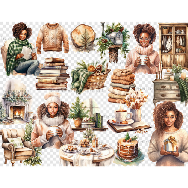 Cozy Winter Black Clipart. Black girls in cozy winter clothes with a book, a cup of coffee, a Christmas present in their hands. A stack of books, a cozy Christm