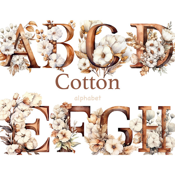 Cotton Alphabet Clipart. Neutral color letters with cotton flowers for wedding invitation letters A, B, C, D, E, F, G, H. Rustic alphabet letters