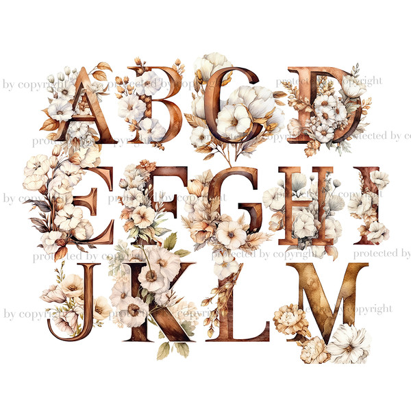Cotton Alphabet Clipart. Neutral color letters with cotton flowers for wedding invitation letters A, B, C, D, E, F, G, H, I, J, K, L, M. Rustic alphabet letters