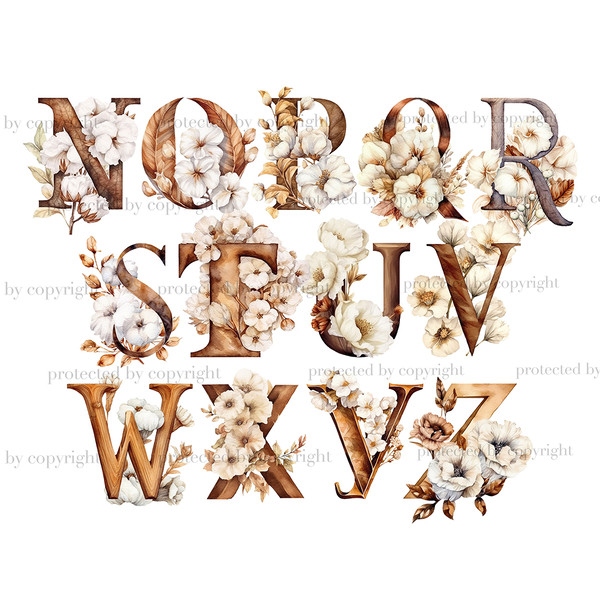 Cotton Alphabet Clipart. Neutral color letters with cotton flowers for wedding invitations letters N, O, P, Q, R, S, T, U, V, W, X, Y, Z. Rustic alphabet letter