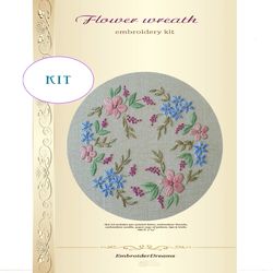 Hand embroidery kit Floral wreath, craft kit for Beginners and Beyond, easy embroidery wreath